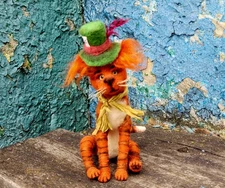 Needle Felted Orange Cat in Hat – Needle Felt Toy, Mad Hatter Style, ooak toy