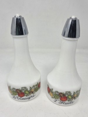 Gemco Corningware Spice of Life Oil & Vinegar Cruet Set Milk Glass MCM