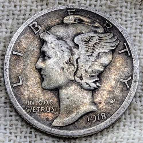 1918 D Mercury Dime Fine/VF : 3rd Year Denver Mint (5K Left) - .9 Fine Silver