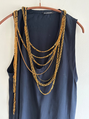 Balmain Blue-Black Silk Sleeveless Top with Gold Colored Chains, Size 38 Vintage
