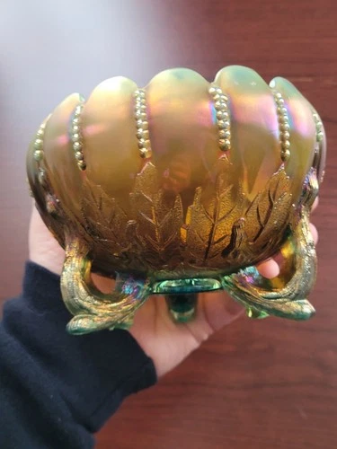 Pretty Northwood Aqua Opalescent Carnival Glass Leaf & Beads Rose Bowl