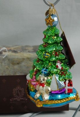 Huras Family Tree-Mendous Xmas Bounty Blown Glass Ornament Boat,Train S401 w/box