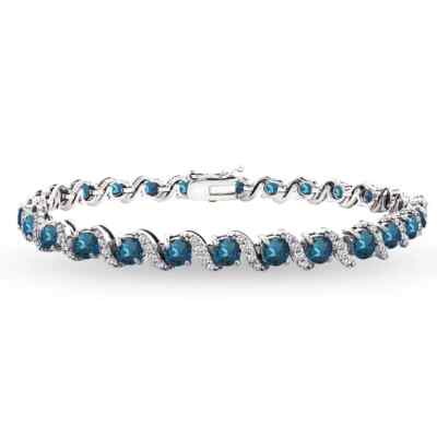 4mm Round 8 Ct Lab-Created London Blue Topaz S Design Tennis Bracelet 925 Silver
