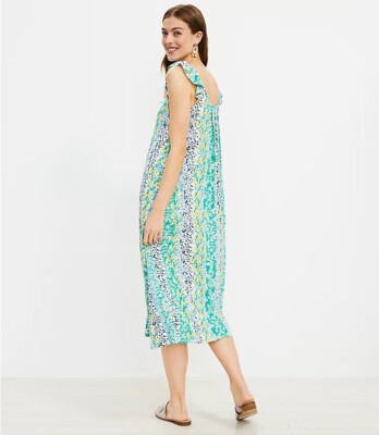 Loft Green Blue Floral Ruffle Starp Midi Dress Loose Swingy Size M