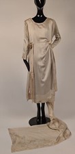 EDWARDIAN TEENS SILK WEDDING DRESS W PEARL BEADING  ART DECO EMB LONG TRAIN