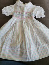 Polly Flinders Smocked Girls Dress Size 4 Pastel Stripes Easter