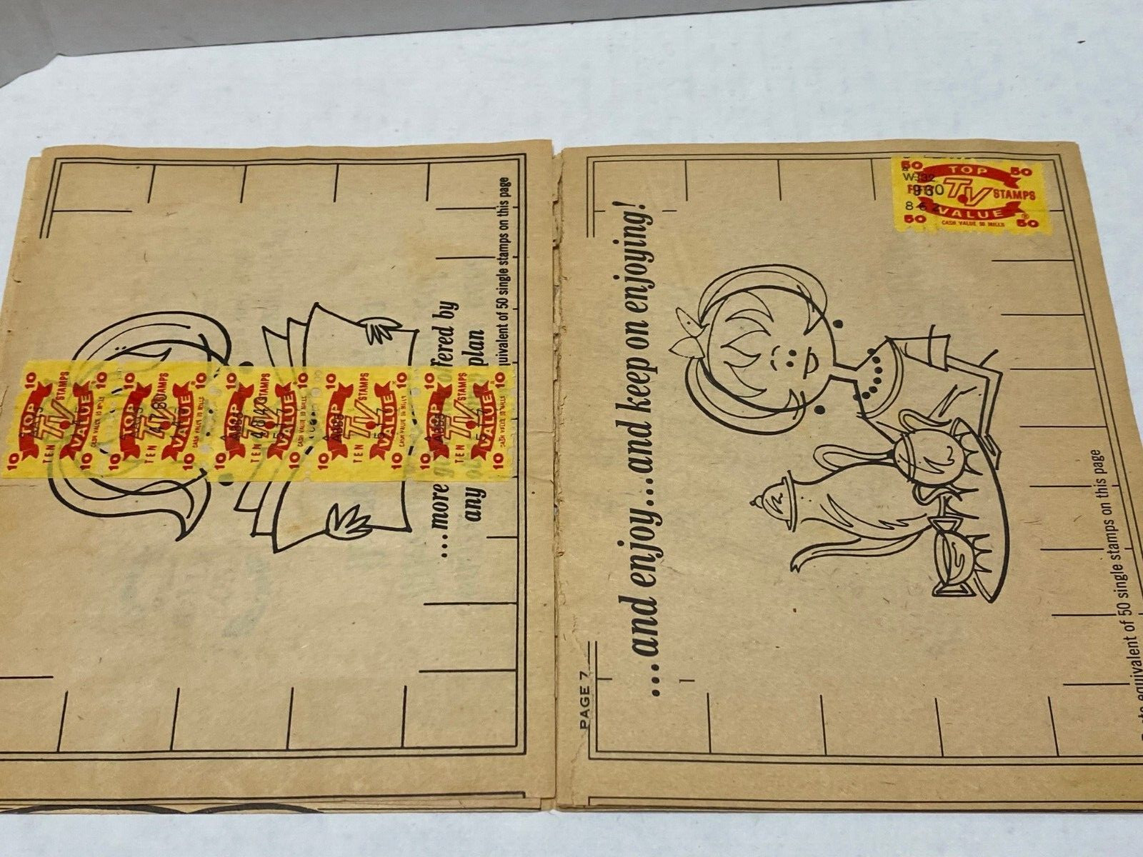 VINTAGE 1966 TOP VALUE STAMPS SAVER BOOK - 8 PAGES FILLED WITH STAMPS