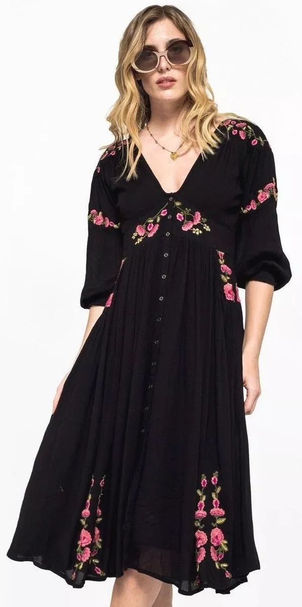 Free People Sz XS Day Glow Midi Dress Button Up Embroidered Floral