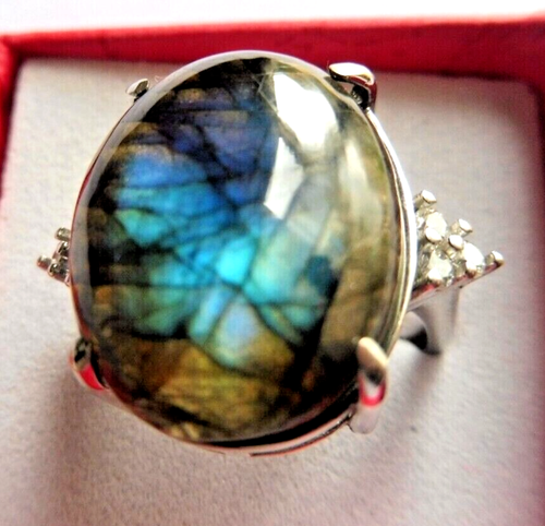Bague en Labradorite bleu- réglable 52-59-29.Cts-21x17mm-Surélevée-Argent massif - Foto 3 di 7