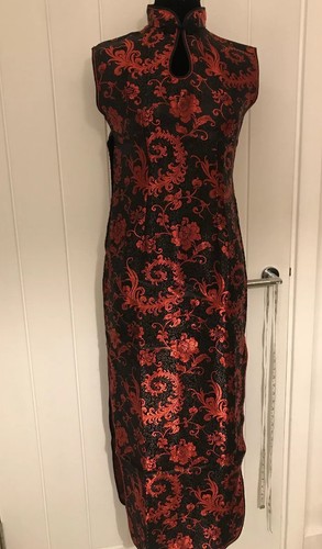 Vintage schwarz/rot chinesisch Party ärmellos langes Kleid/XL/UK 12/EU 40/Neu