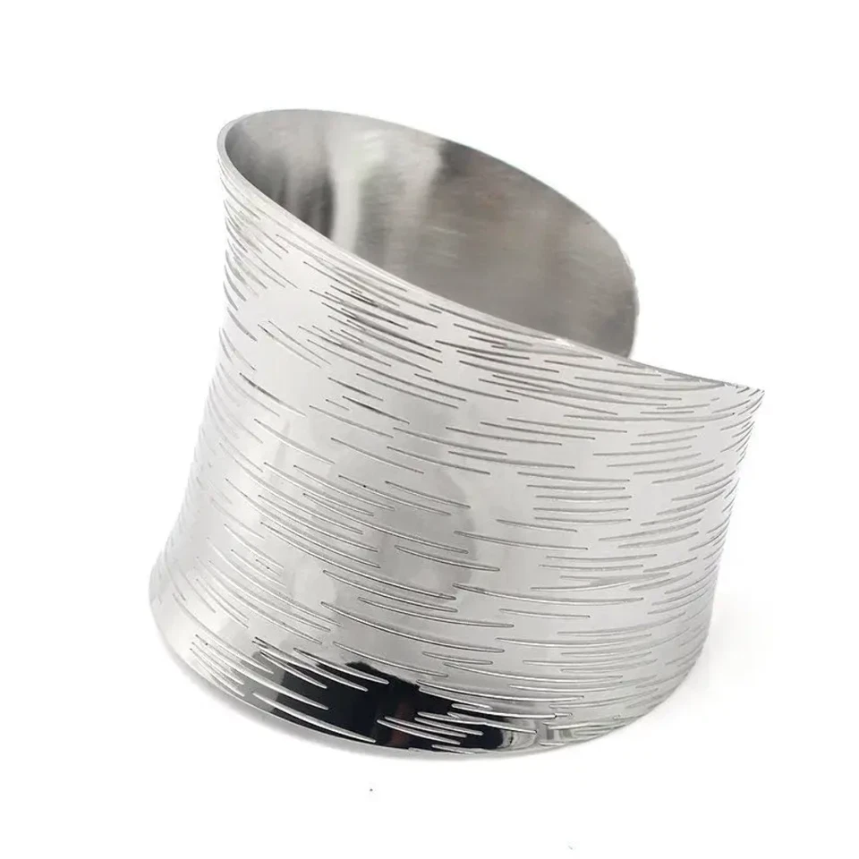 breiter gemusterter Armreif-offener Armreif-glänzend, Zeitlos, minimalistisch-Ch - Bild 3 von 4