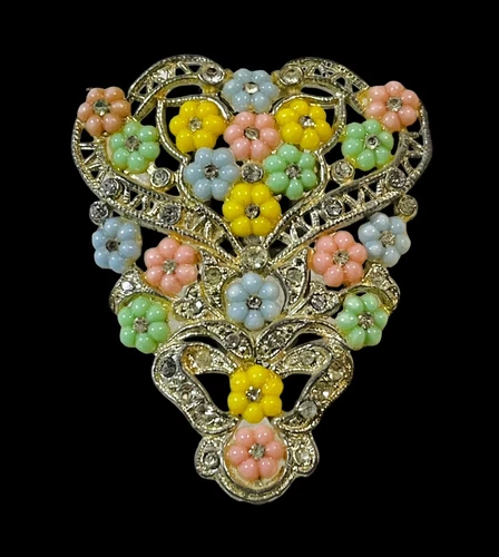 Dress Clip Multi Flowers Rhinestones Pot Metal Vintage Costume Jewelry
