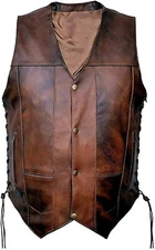 Mens Biker Moto Rider Vintage Distressed Brown Leather Vest Motorcycle Top Upper
