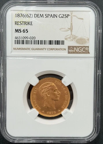 1876 (62) GOLD SPAIN UNCIRCULATED 25 PESETAS ALFONSO XII COIN NGC MS 65