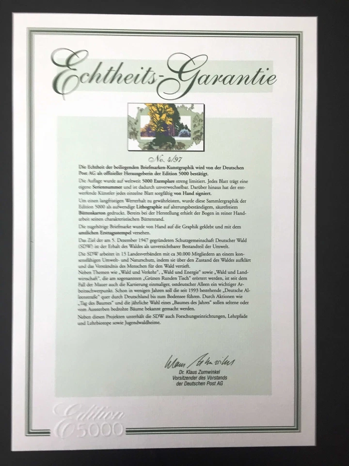 GERMANY ART-EDITION 1997/4 HANDSIGN BY ARTIST!! RARE!! GERMAN FOREST TREES DEER - Image 3 of 4