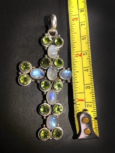 3” LARGE MASSIVE Vintage Men's GOTHIC CROSS Pendant STERLING, MOONSTONE, PERIDOT - Picture 5 of 9
