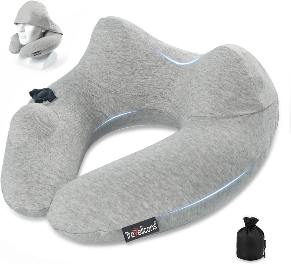 Travel Pillow for Airplane with Hood, Inflatable Neck Air Pillow for Car,Travel