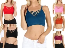 Front V Neck Lattice Bralette Adjustable Straps Removable Bra Pads or No Pads