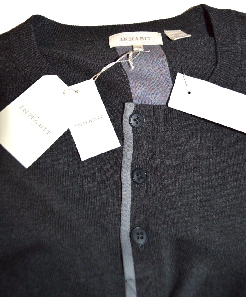 Inhabit Men's Size Medium Charcoal/Lilac All Cotton Henley Sweater - Image 2 of 3