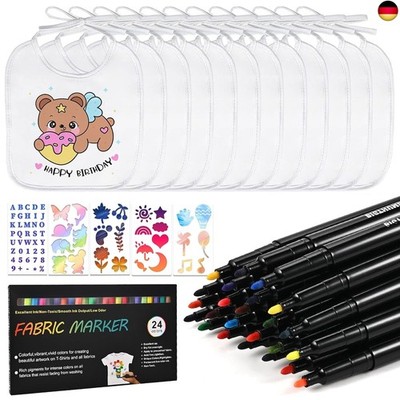 Painting Bibs, Pack of 12 Bibs with 24 Textile Pens for Baby Shower Games, Baby