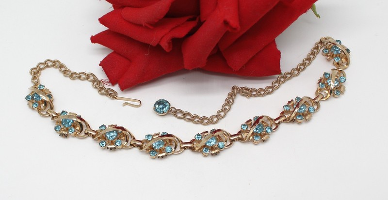 Vintage Gold tone Blue  Rhinestone   Collar  Necklace  CAT RESCUE
