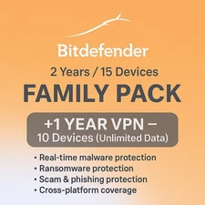 Bitdefender Family Pack 2026- 2 Years 15 Devices + 1 Year  UNLIMITED VPN