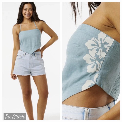 NWT Rip Curl Surf Cropped Halter/Bandeau Top Tropical Floral Slate Blue $44 M