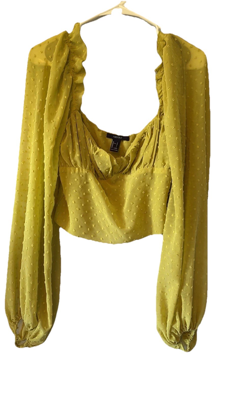 Forever 21 Yellow Swiss Dot Crop Top Ruffle Bustier Puff Sleeve Blouse Large