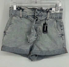 Express Women s Shortie Super High Rise Light Wash Paperbag Denim Shorts 6