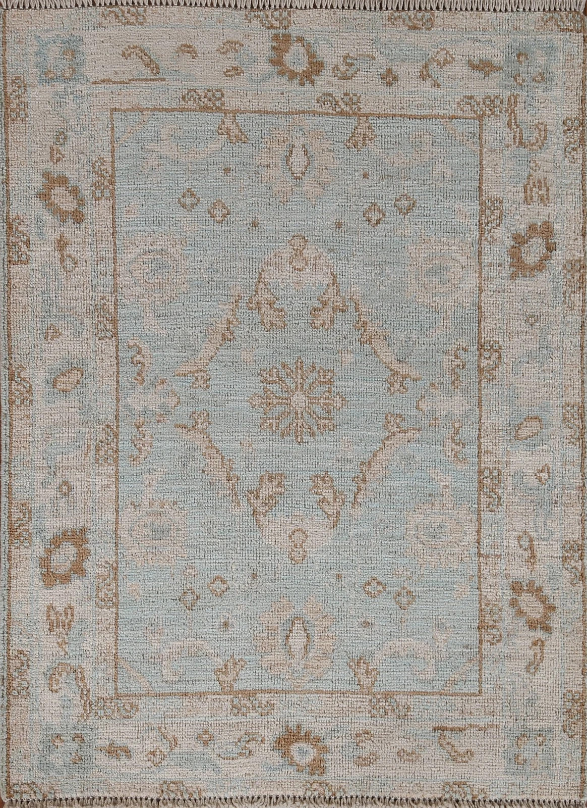 Vintage Oushak Area Rug Handmade Muted Aqua Beige Wool Turkish Carpet