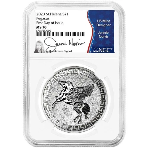 2023 £1 St. Helena "Jennie Norris" Silver Pegasus NGC MS70 FDI Jennie Norris