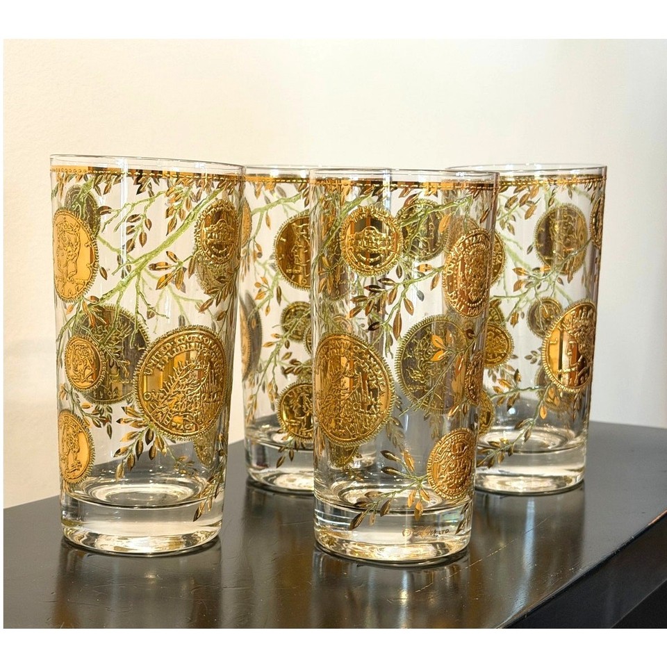 Gold-coin-and-vines motif on heavy MCM glassware — Culver's 22K gold detailing makes these the kind of barware that stops guests mid-sip to ask 'where did you GET these?'