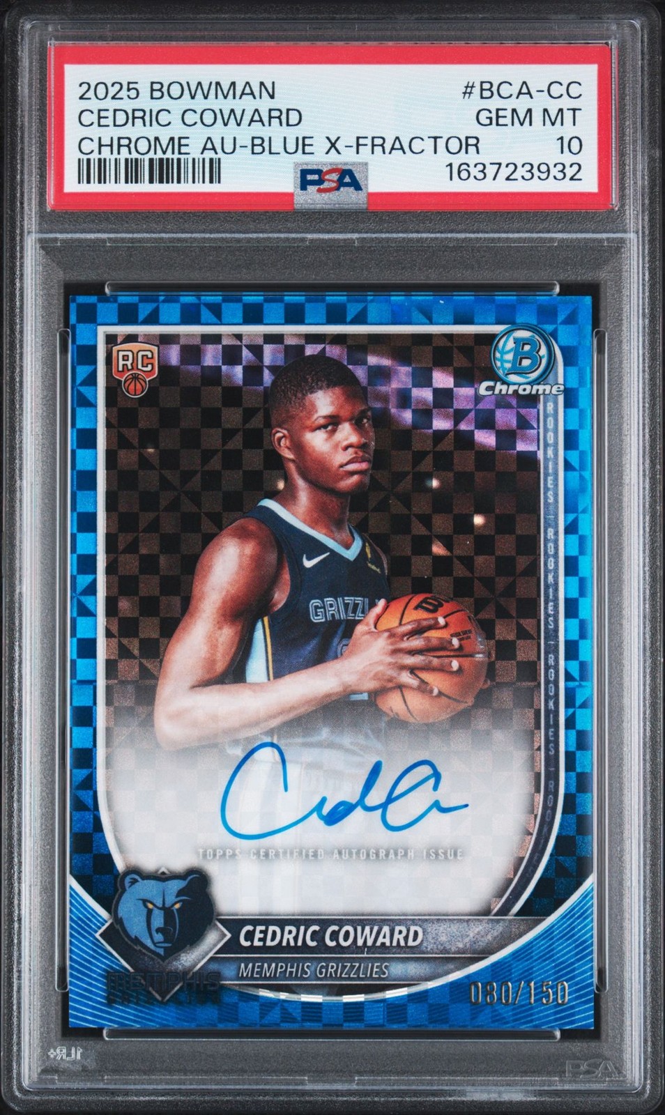 2025-26 Bowman Chrome Cedric Coward Blue X-Fractor RC Auto /150 PSA 10