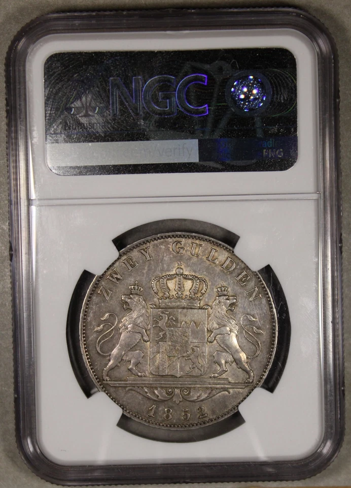 1852 Bavaria German States Silver 2 Gulden NGC AU55 - Image 2 of 4