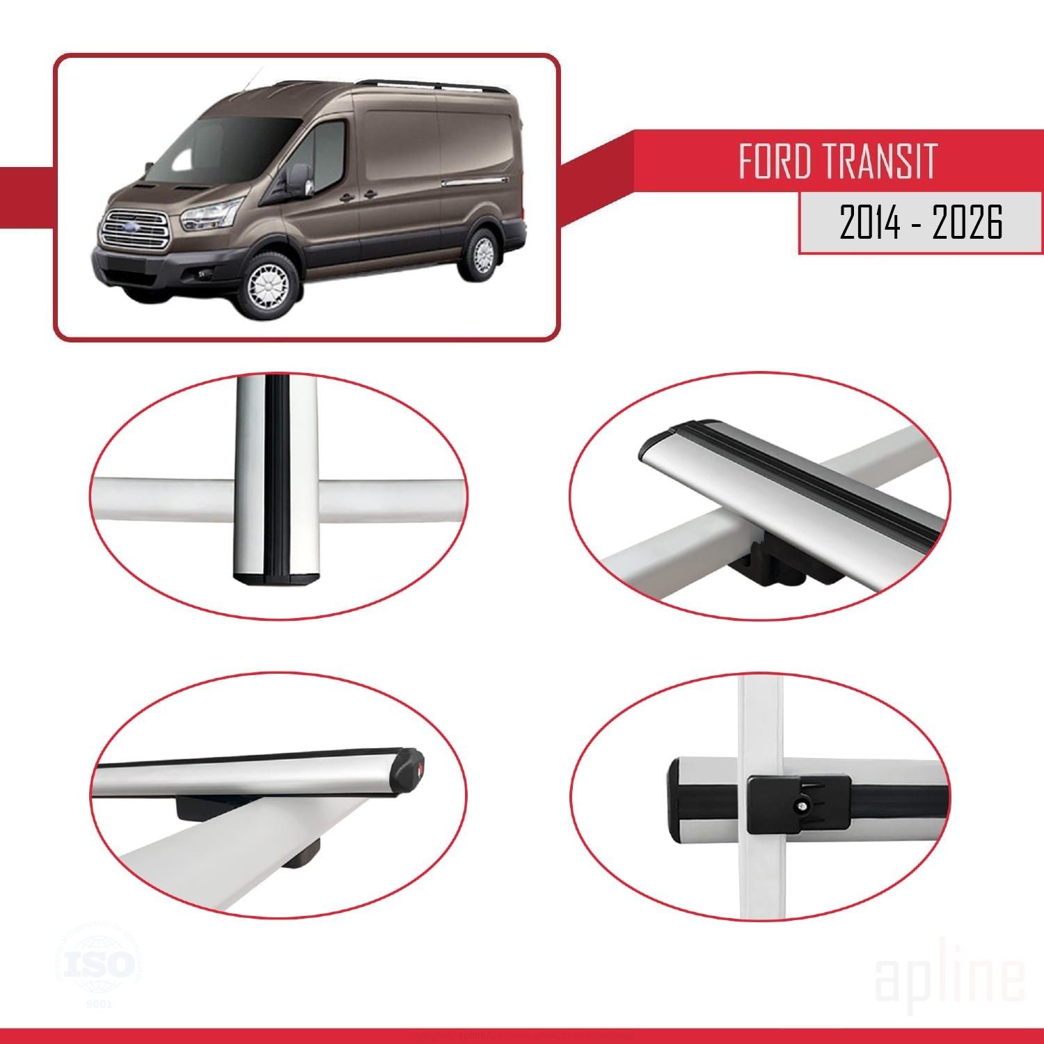 4 Barres de Toit Gris Aluminium pour Ford Transit 2014-2026 Modèle BASIC