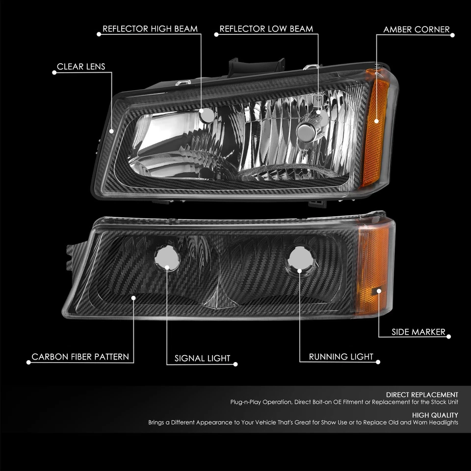 Conjunto de faros con patrón de fibra de carbono Fit 03-07 Chevy Avalanche Silverado Foto 2 de 4