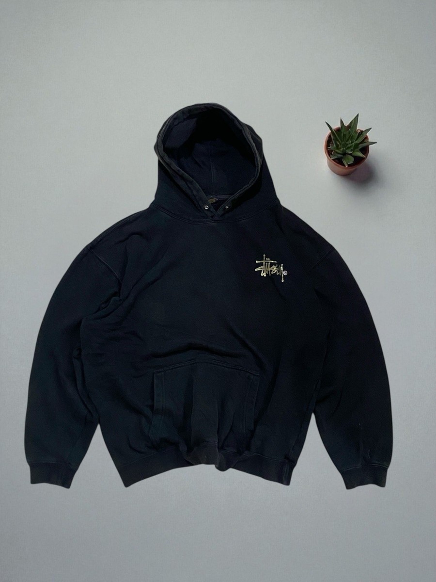 Rare Made in USA Stussy Hoodie Faded Black Gold Signature Big Logo