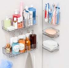 Toothbrush Holder and Hooks, Shampoo Holder with Soap, Plastic Bathroom Shelves