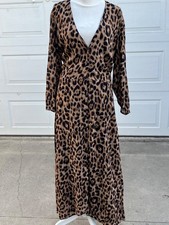 Women's Reformation Alma Leopard print long sleeves brown button dress size 12