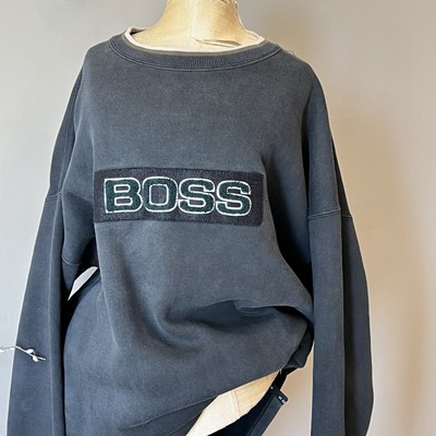 Vintage 90s Y2K Boss Sweatshirt Men XL Black Washed Faded Terry Spellout Stripe