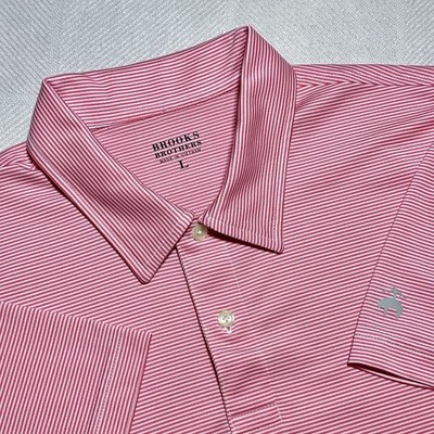 Brooks Brothers Jersey Polo Mens Large Pink Striped Performance Golf Casual