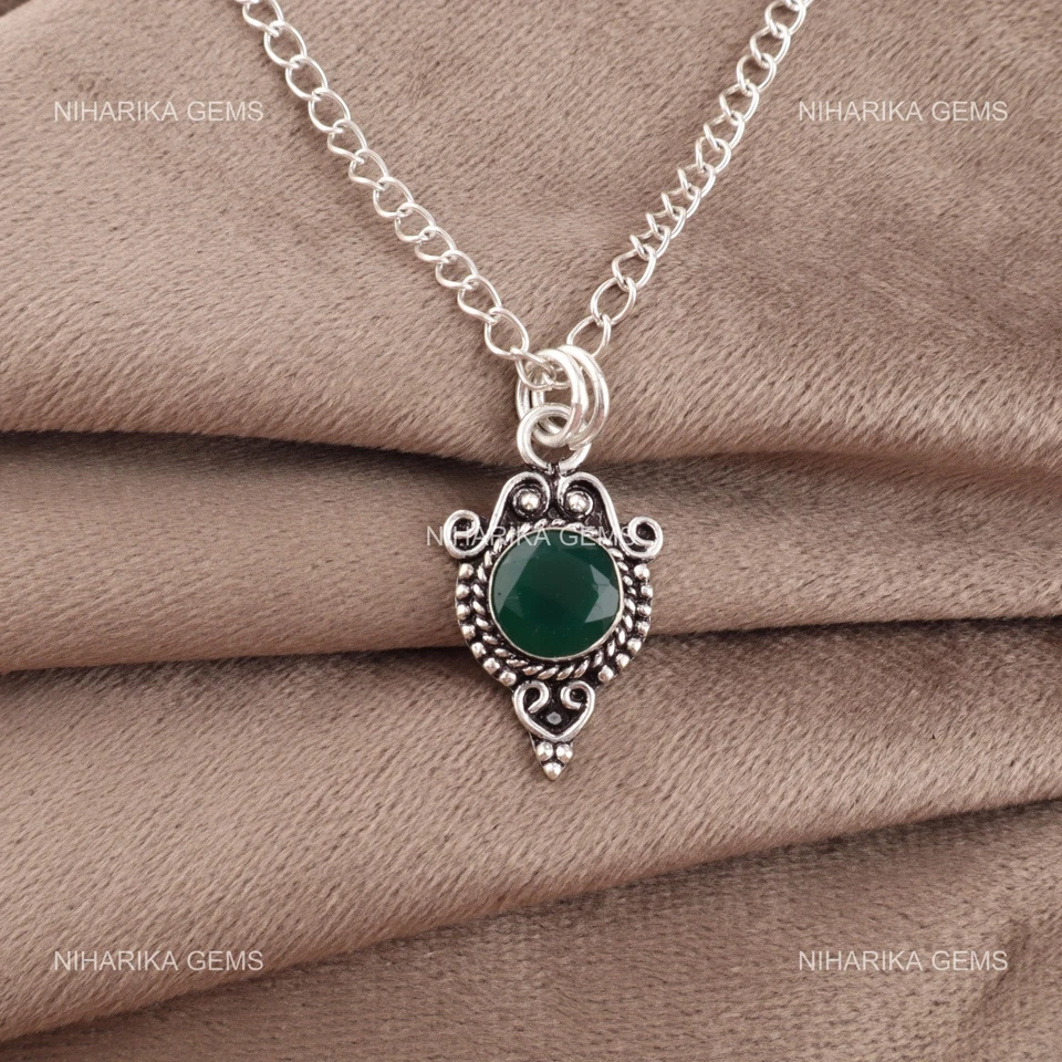 Argento Sterling Rotondo Verde Naturale Onice Figlia Matrimonio Unico Pendente - Immagine 3 di 4