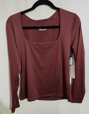 NWT THE COMMONS Women's Brown Square Neck Long Sleeve Blouse Sz M