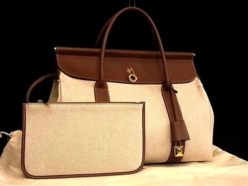 Loro Piana Loom L32 Canvas Leather Handbag Beige with Pouch BQ2688