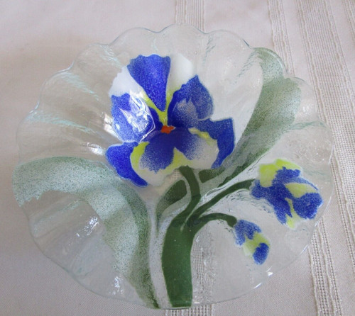 SYDENSTRICKER PANSY Blue 6 1/2" Fruit Dessert BOWL Signed Fused Art Glass Flower