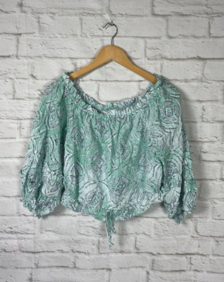 NEW LC Lauren Conrad Mint Cropped Puff Sleeve Shirt Size Medium