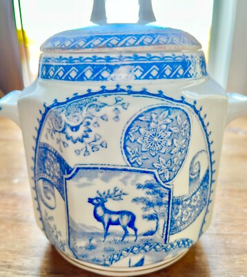 Antique 1880s England Charles Allerton & Sons Biscuit Jar Blue STAG 5.5  VGC
