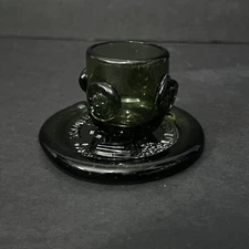 Vintage Jamestown Va. Green Glass Souvenir Coaster And Shot glass Paperweights