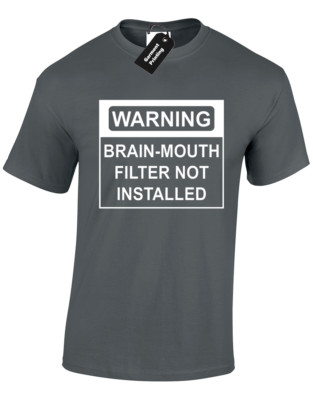 WARNUNG GEHIRN MUNDFILTER HERREN T-SHIRT NEUHEIT VORSICHT SPRUCH TOURETTEN HUMOR