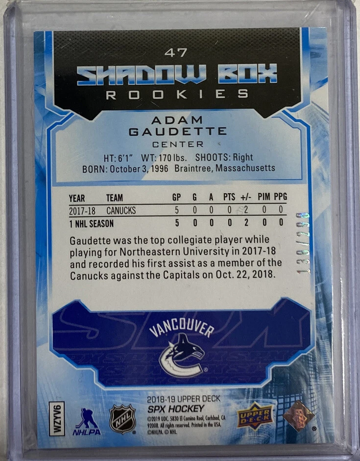 2018-19 UD SPx Shadow Box Rookies Adam Gaudette Rookie RC /298 - Image 2 of 2